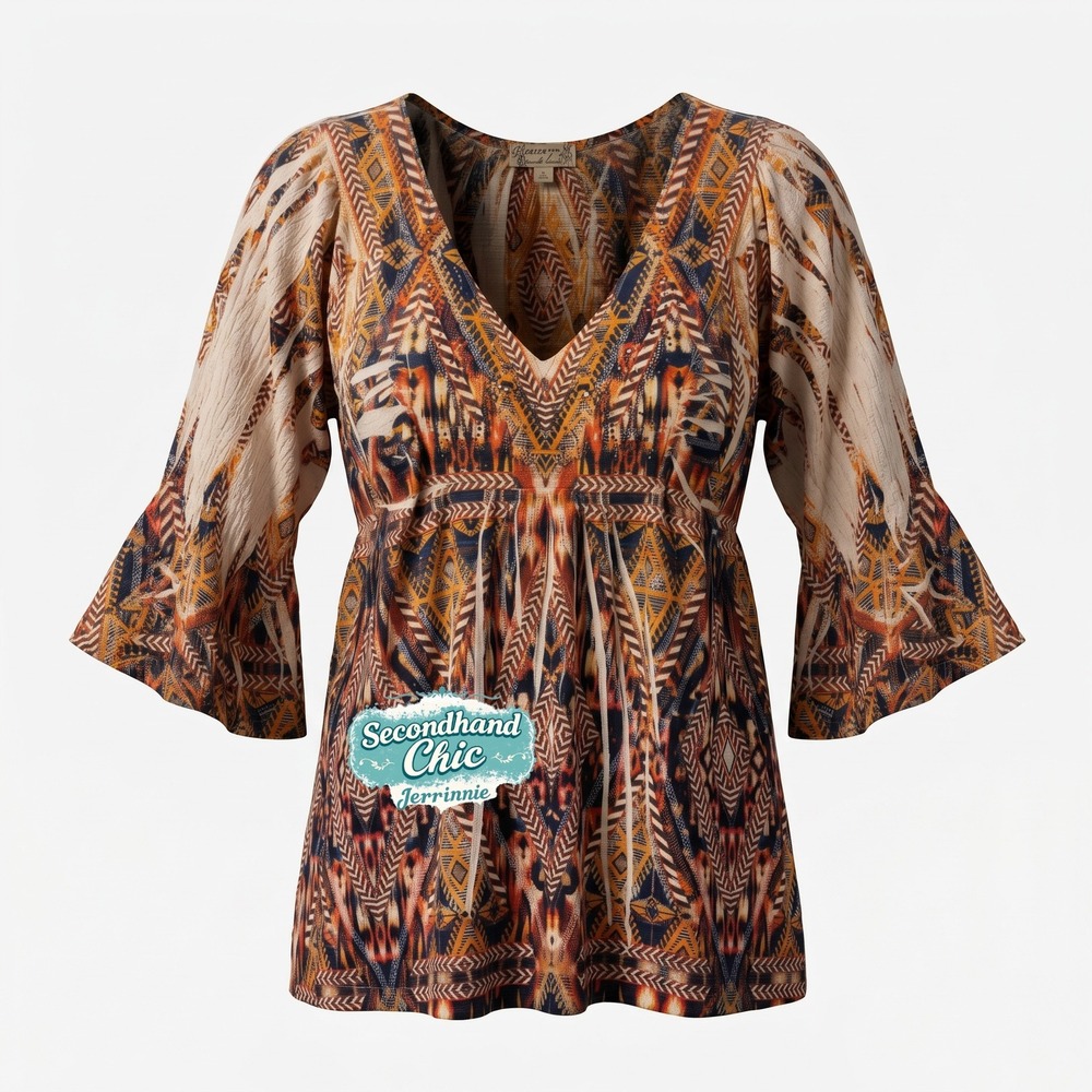 Energe World Wear Womens 1X Tribal Geometric V-Neck Bell‎ Sleeve Boho Tunic Top